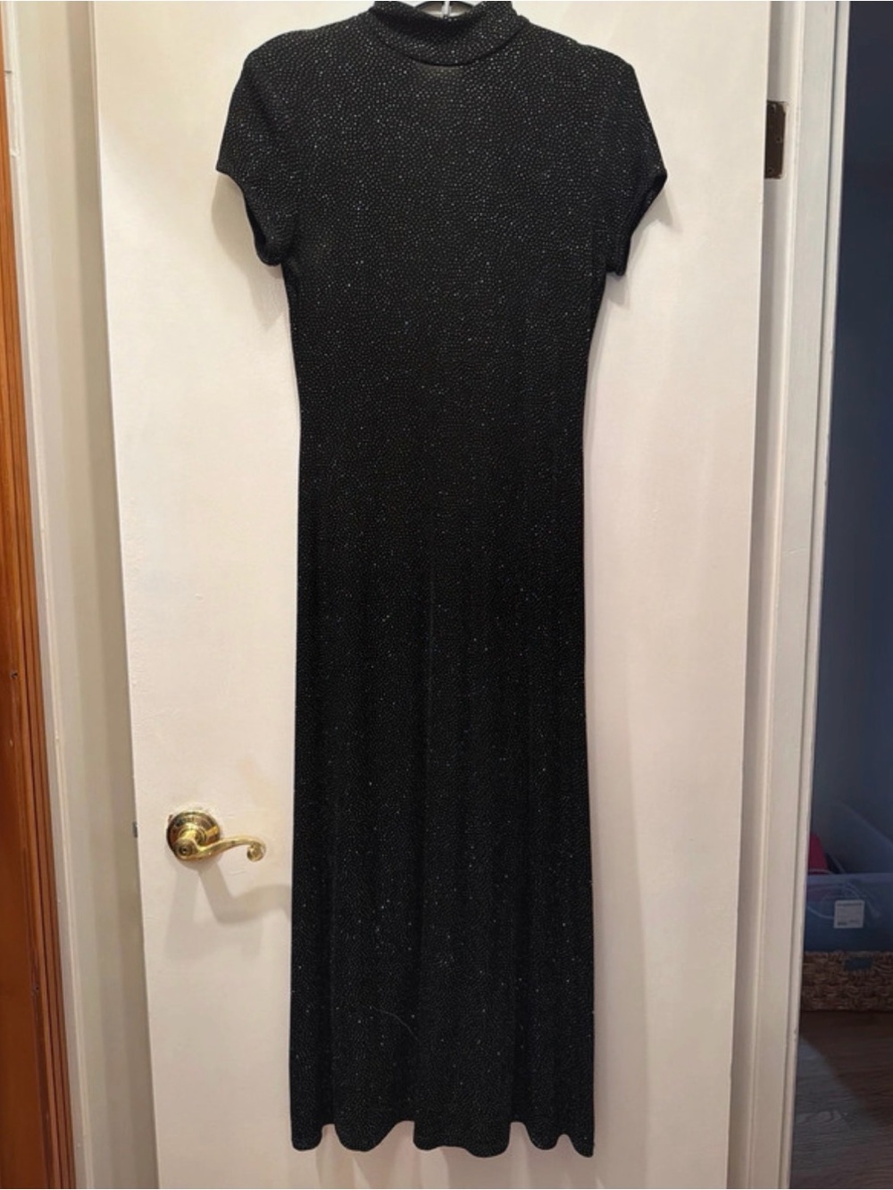 Metallic Black Short-Sleeve Maxi Dress with Mock Neck